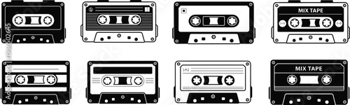 Collection of vintage mix tape cassette vector illustrations, retro music audio icons for nostalgic media, playlist design, analog sound, and classic decor
