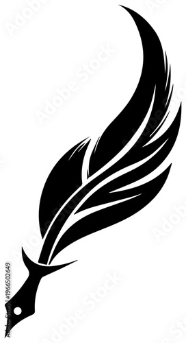 A stylized black feather quill pen nib with flowing plume on white background symbolizing creativity and writing