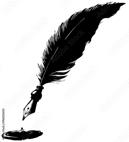 Black feather pen dipped in inkwell with droplet writing instrument calligraphy tool artistic supplies