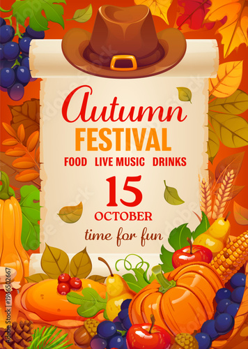 Autumn festival party flyer with fall harvest of fruits and leaves, vector banner. Autumn celebration flyer for live music, food and drinks invitation with pumpkins, apple pie and maple or oak leaves