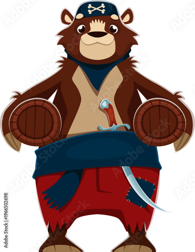 Cartoon bear animal pirate crew vector character. Strong bear corsair in red trousers and navy sash, holding barrels as props and carrying a sword on belt. Cute vector personage for kids party