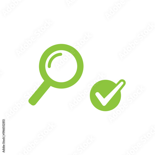 Bright green magnifying glass symbol paired with a separate circular checkmark indicates thorough and positive examination result.