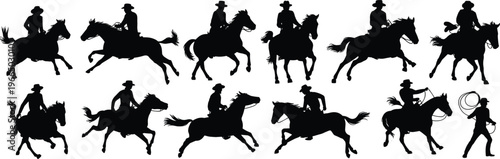 Cowboy riding horse silhouette set, wild west horseback riding vector, western cowboy with lasso, rodeo horse rider illustrations, ranch life icons collection