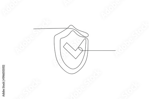 Shield with check mark protection icon in one continuous line drawing style for web and app
