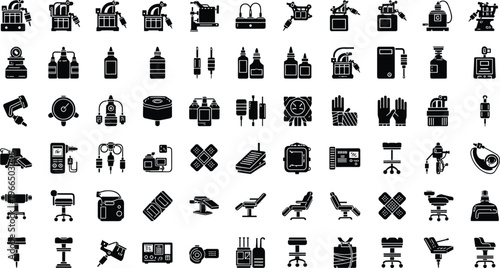 Professional Tattoo Studio Equipment Icon Set Featuring Rotary Machines, Ink Bottles, Protective Gloves, Adjustable Chairs, and Essential Body Art Supplies