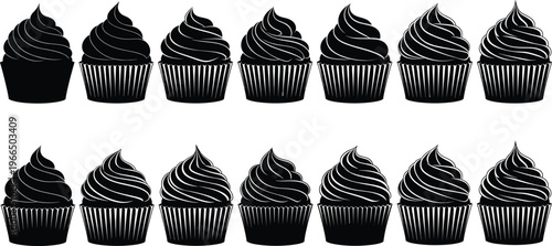 Cupcake silhouette set, black and white vector icons with frosting swirl and liner variations, isolated clipart for dessert, bakery, sweet, design