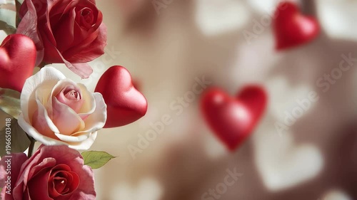 Beautiful valentines day background featuring red and pink roses alongside scattered heart shapes for a romantic atmosphere