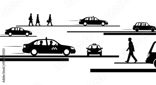 Black and white illustration of cars and people on the road.