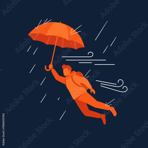 Foto Conceptual Illustration of a Man Blown Away by a Storm with an Orange Umbrella