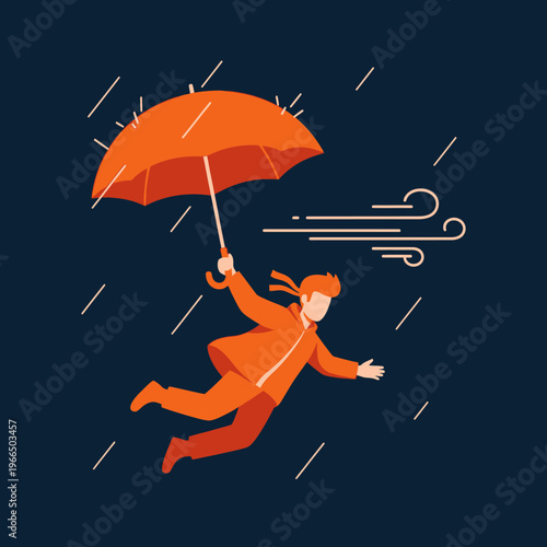 Man Blown Away by Strong Storm and Rain Holding an Orange Umbrella