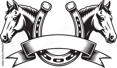 Classic equestrian emblem featuring two majestic horse heads framed by a horseshoe and elegant banner