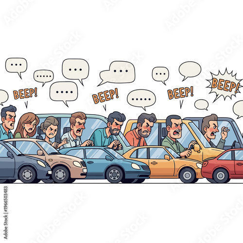 Cartoon Illustration of Angry Drivers in a Traffic Jam