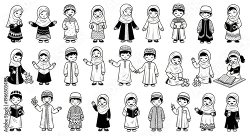 Black and white illustration of diverse Muslim children in traditional attire.