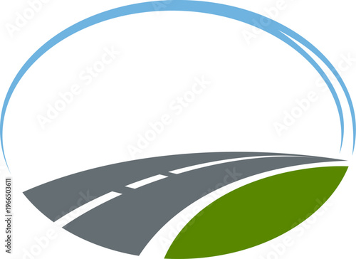 Motorway highway road abstract icon or symbol. Asphalt way graphic emblem, freeway pathway abstract vector icon. Highway route label or speed road symbol with road line, green field and serene sky