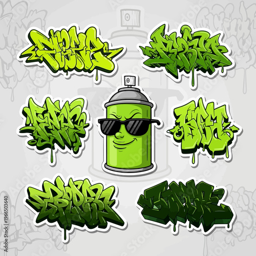 Set of Green Graffiti Stickers and Cool Spray Can Character Mascot