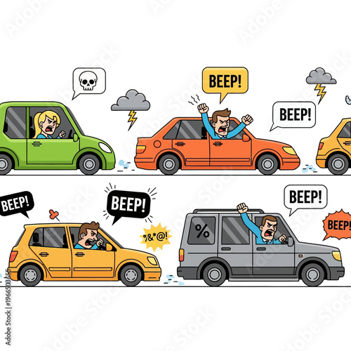 Cartoon illustration of frustrated drivers experiencing road rage in a traffic jam