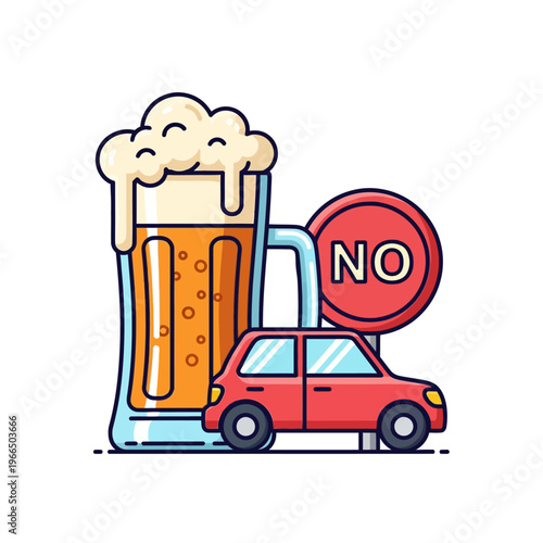Anti-Drunk Driving Concept with Beer Mug and Red Car Illustration