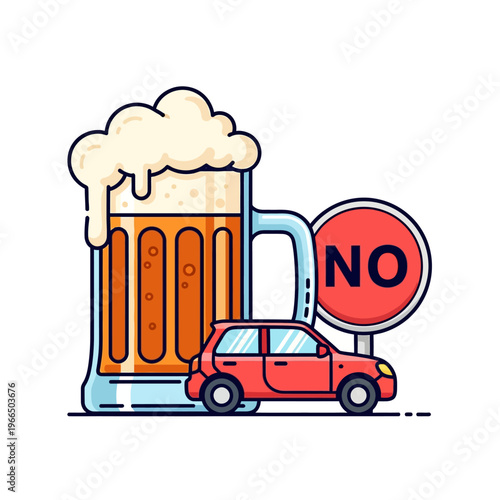 No Drink and Drive Concept Illustration with Beer Mug, Car, and Warning Sign