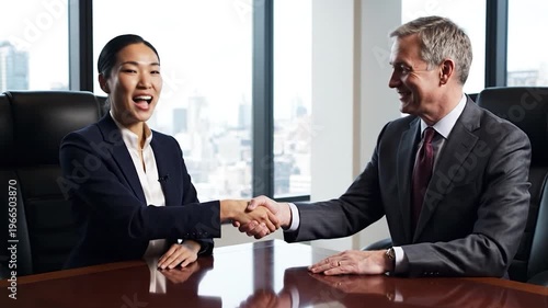 Two business professionals, a man and a woman, are shaking hands across a table in a modern office with a city view