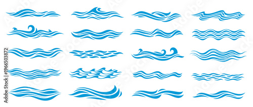 Water wave icons, ripple blue sea and ocean surf splash, rolling tides, cresting and calm waves, and layered ripples sea wave symbols. Nautical and marine signs, seaside and travel icons