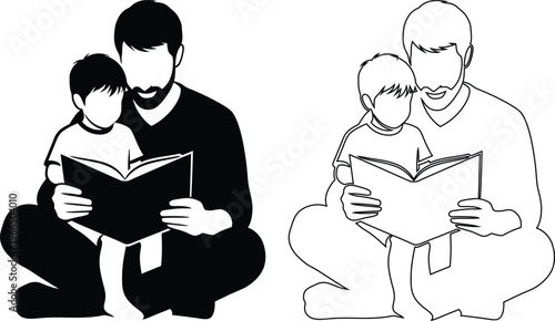 Father Reading Book Together With Young Child Illustrative Vector Art