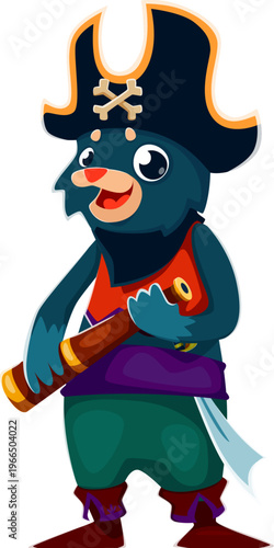 Cartoon animal pirate crew character. Isolated vector corsair personage confidently holding a spyglass, wearing a captain tricorn hat, radiating mischief and nautical spirit, ready for treasures hunts