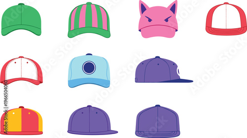 Baseball Cap Vector Set with Different Styles, Colors and Designs for Casual Fashion, Streetwear Accessories and Headwear Illustration