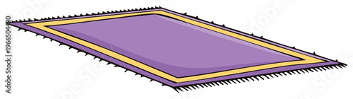 Purple rectangular rug illustration with yellow border and decorative fringe detailed floor covering vector artwork