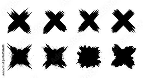 Grunge black ink cross set, 8 hand drawn brush stroke x marks, distressed paint splatter vector collection isolated PNG with Transparent Background