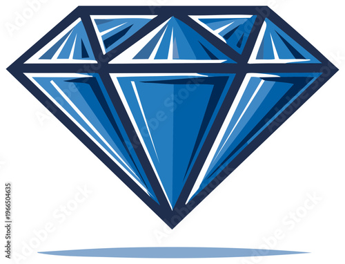 Floating blue diamond gem icon with sharp facets. Modern vector graphic of a precious stone.