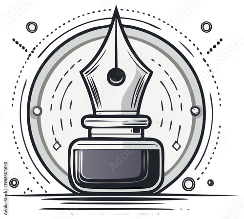 Illustration of an inkwell with a fountain pen, circle and dot ornaments. Vector graphic of drawing, ink and literature.