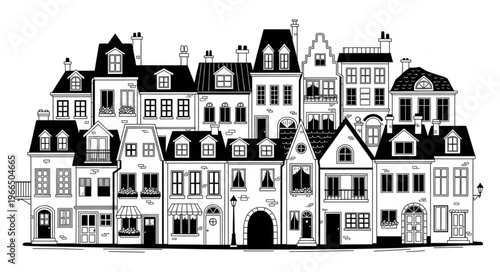 Black and white illustration of a charming European townscape.