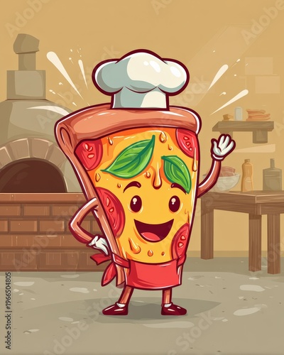 Happy pizza slice cartoon chef character illustration