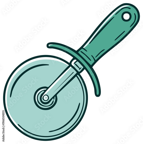 Simple line art illustration of a pizza cutter kitchen utensil for slicing food