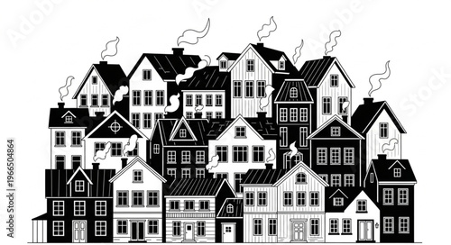 Black and white illustration of a collection of houses with smoke.