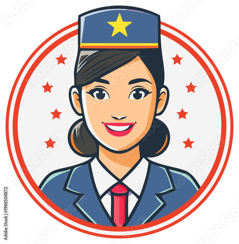 Smiling Stewardess Portrait with Starred Circle Design for Aviation Services