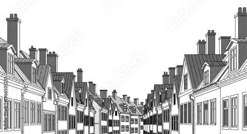 Black and White Illustration of a European Street Scene.