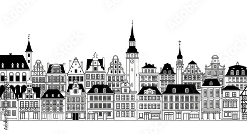 Black and white illustration of a European town skyline with detailed architecture.