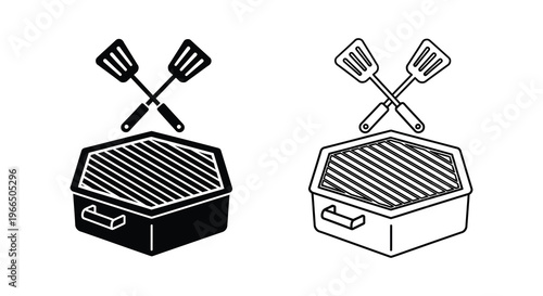 Black and white illustration of grilling tools and a barbecue simple silhouette
