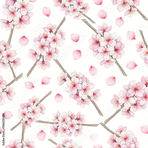 Seamless Watercolor Cherry Blossom and Sakura Flower Pattern with Branches on a Soft Pastel Background