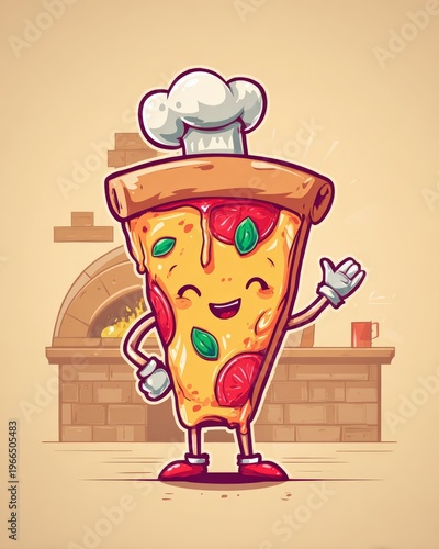 Cute pizza slice cartoon character wearing chef hat
