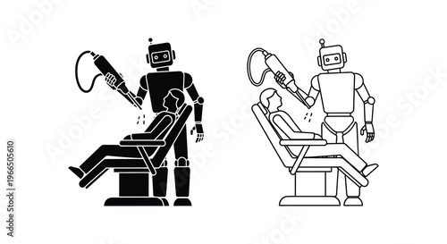 Robotic dentist examining a patient illustrated in a stark black silhouette