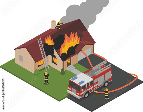 Isometric house fire firefighters extinguishing burning home with fire truck hose ladder rescue smoke flames residential emergency disaster illustration