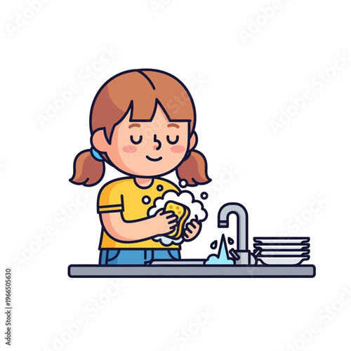 Cute Girl Washing Dishes in Kitchen Sink, Helping With Chores, Cartoon Style