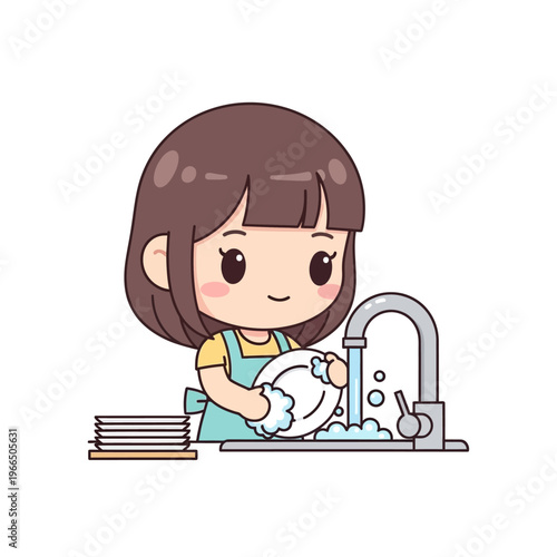 Cute Girl Washing Dishes with Bubbles and Running Water, Household Chore Illustration