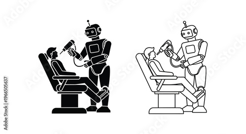 Robotic dentistry procedure illustrated in a stark black and white silhouette
