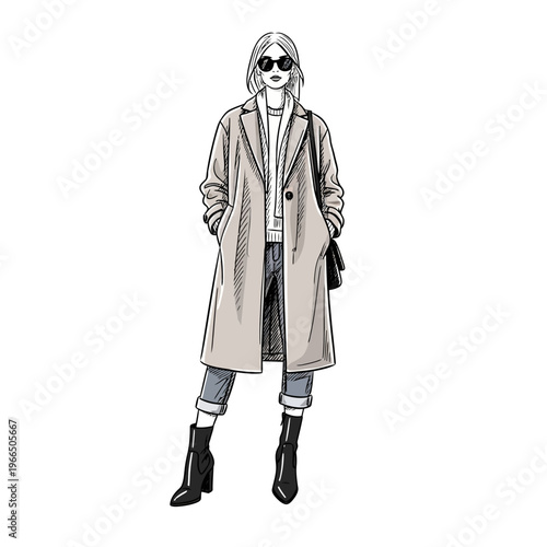 Stylish woman in long beige coat and jeans, fashion illustration