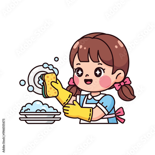 Cute Girl Washing Dishes with Sponge and Bubbles