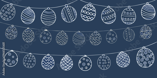 A string of hand drawn easter eggs with various decorative patterns