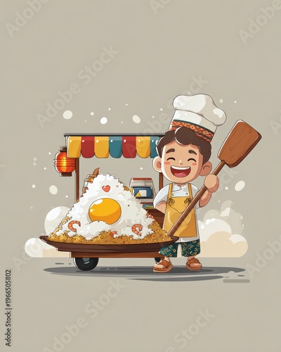 Cartoon chef cooking breakfast with eggs in kitchen